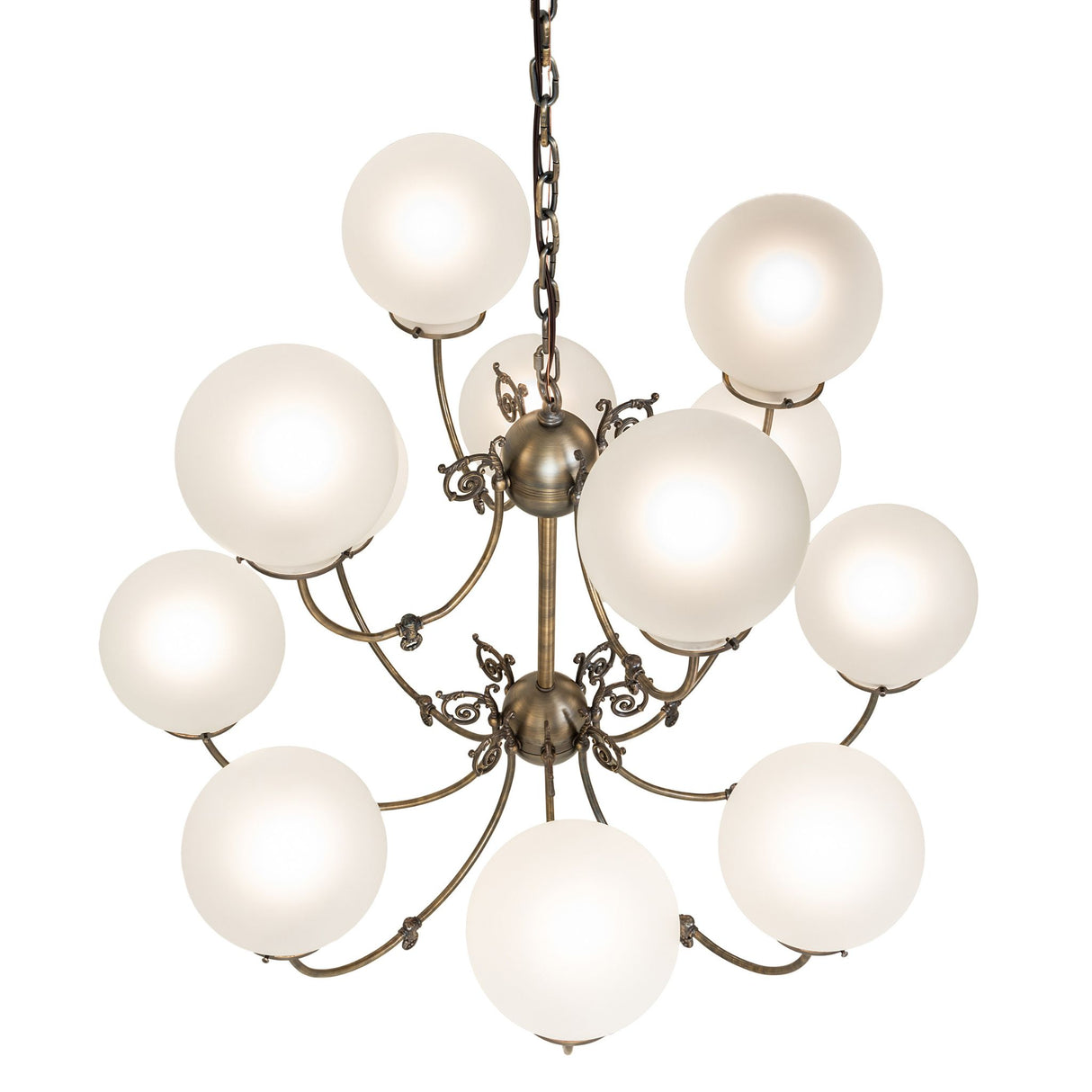 Top angle view of Revival chandelier highlighting upper arms and globe arrangement.