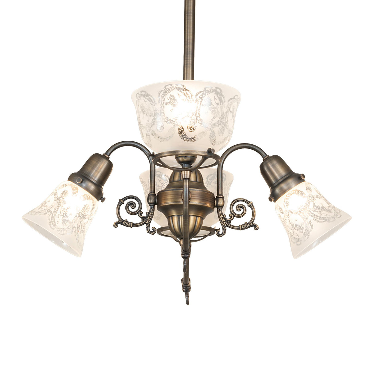 Alternate angled view of chandelier showing curved arms and etched glass.