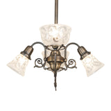 Alternate angled view of chandelier showing curved arms and etched glass.