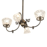 Bottom angle view of chandelier highlighting etched glass shades and center hub.