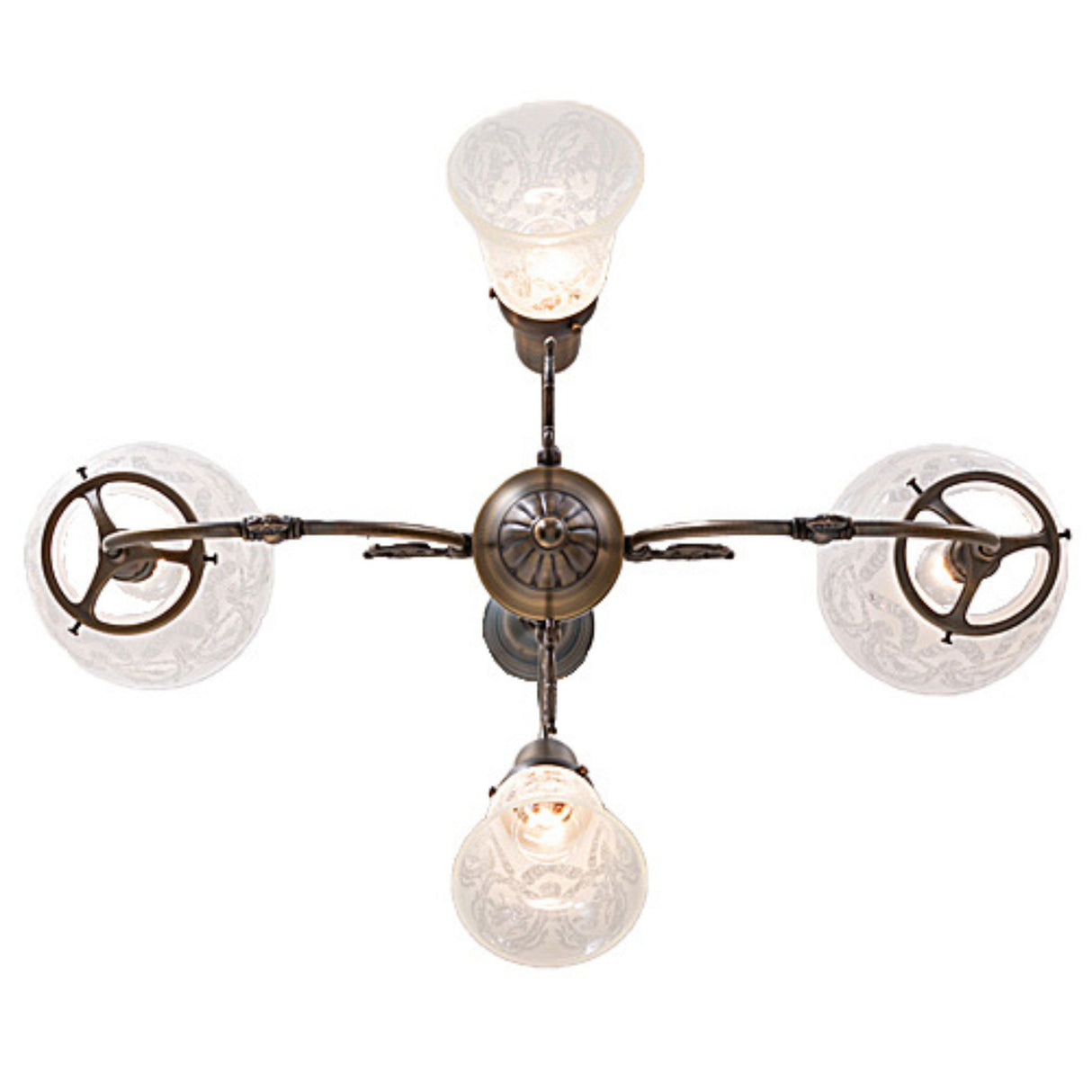 Bottom view of revival gas and electric chandelier showing etched glass pattern and arm layout.