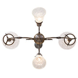 Bottom view of revival gas and electric chandelier showing etched glass pattern and arm layout.