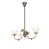 Revival gas and electric chandelier showing etched glass shades and antique brass detailing.