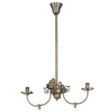 Full view of 4-light chandelier with extended rod and antique brass finish without shades.