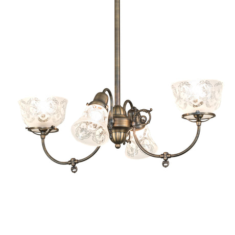 Lit view of 4 light chandelier with etched glass shades and antique brass finish.