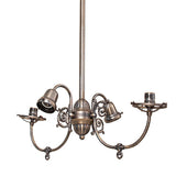 Revival gas and electric chandelier without glass shades highlighting metal construction.