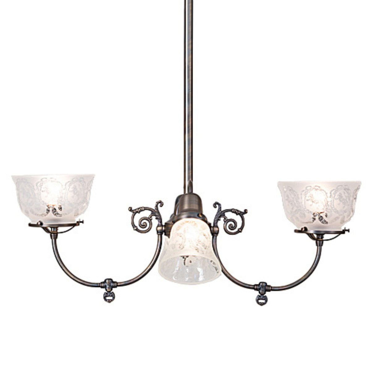 Side angle view of revival gas and electric chandelier with etched glass bowl and downlight shade.
