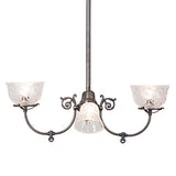 Side angle view of revival gas and electric chandelier with etched glass bowl and downlight shade.