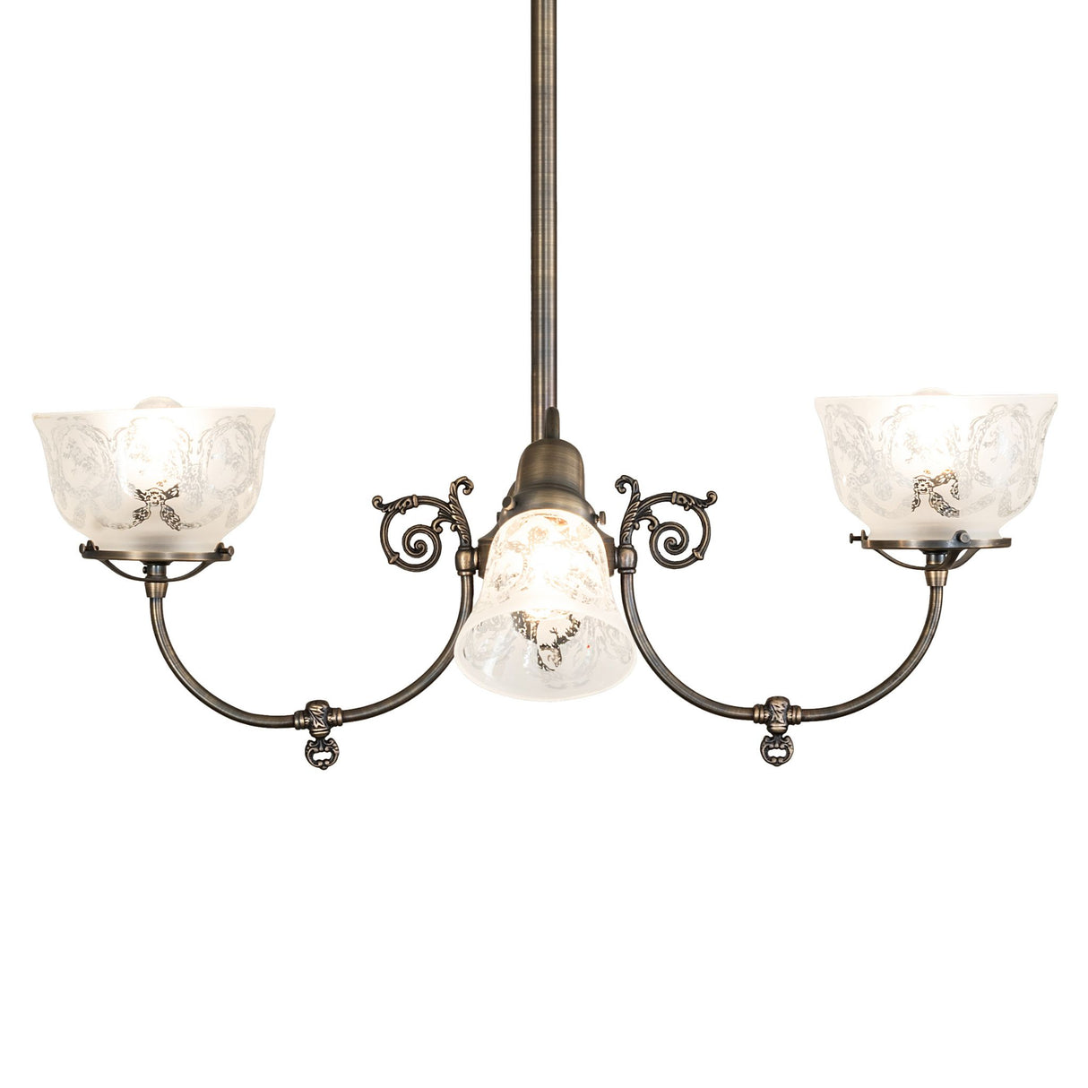 Side view of Revival gas and electric chandelier with decorative scroll arms.