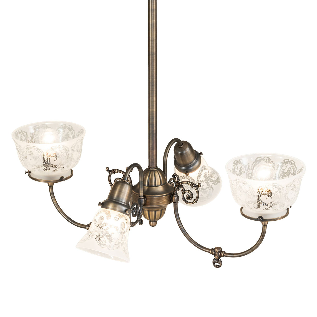Top view of Revival chandelier displaying etched glass interiors and central brass hub.