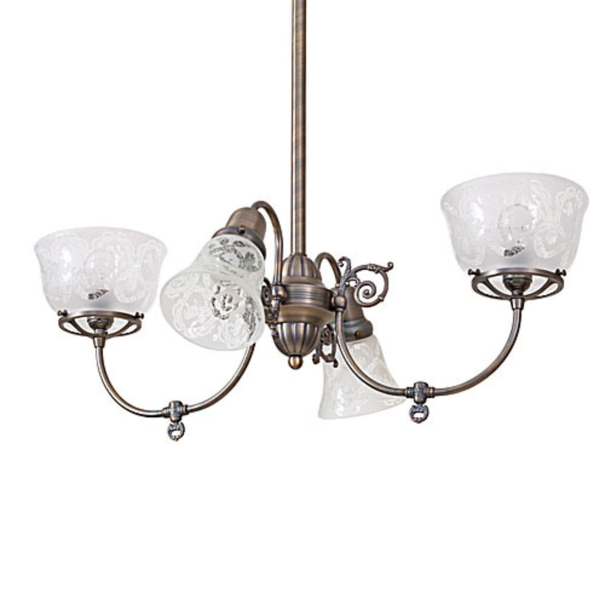 Unlit revival gas and electric chandelier highlighting etched glass shades and brass detailing.
