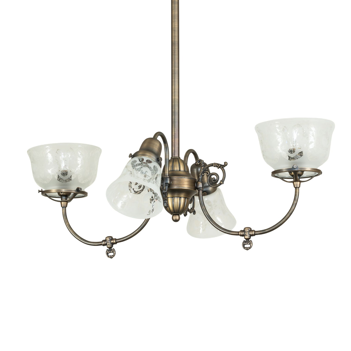 Unlit view of 4 light chandelier with etched glass and antique brass details.