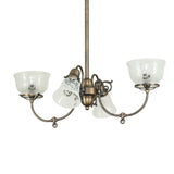 Unlit view of 4 light chandelier with etched glass and antique brass details.