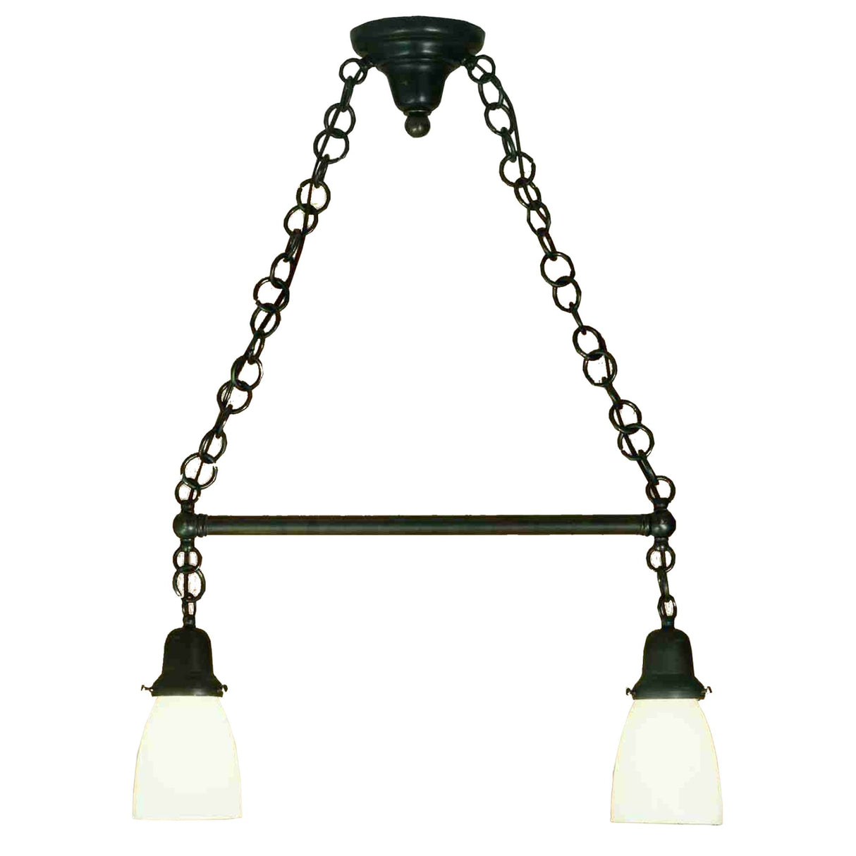 Illuminated Revival Oyster Bay Goblet 2-Light Island Pendant with opal white glass shades.