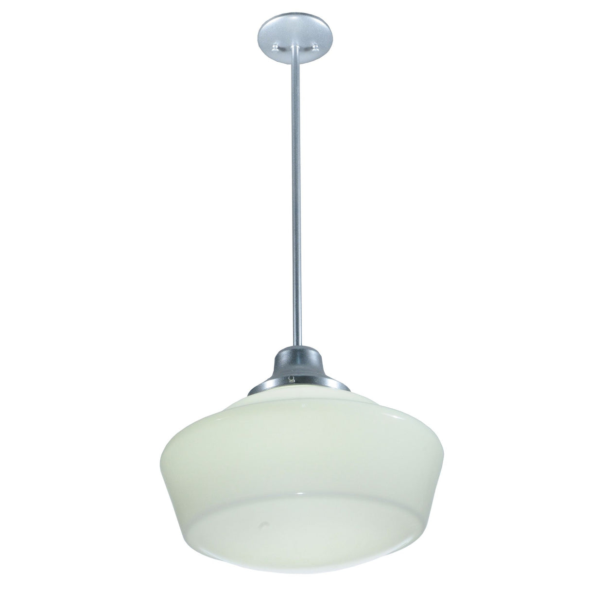 Low-angle perspective of the pendant light with elegant curve of the White Opal Glass.