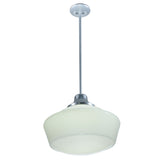 Low-angle perspective of the pendant light with elegant curve of the White Opal Glass.