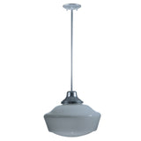Unlit view of the Revival Schoolhouse Traditional Globe Pendant White Opal Glass shade and metal stem.
