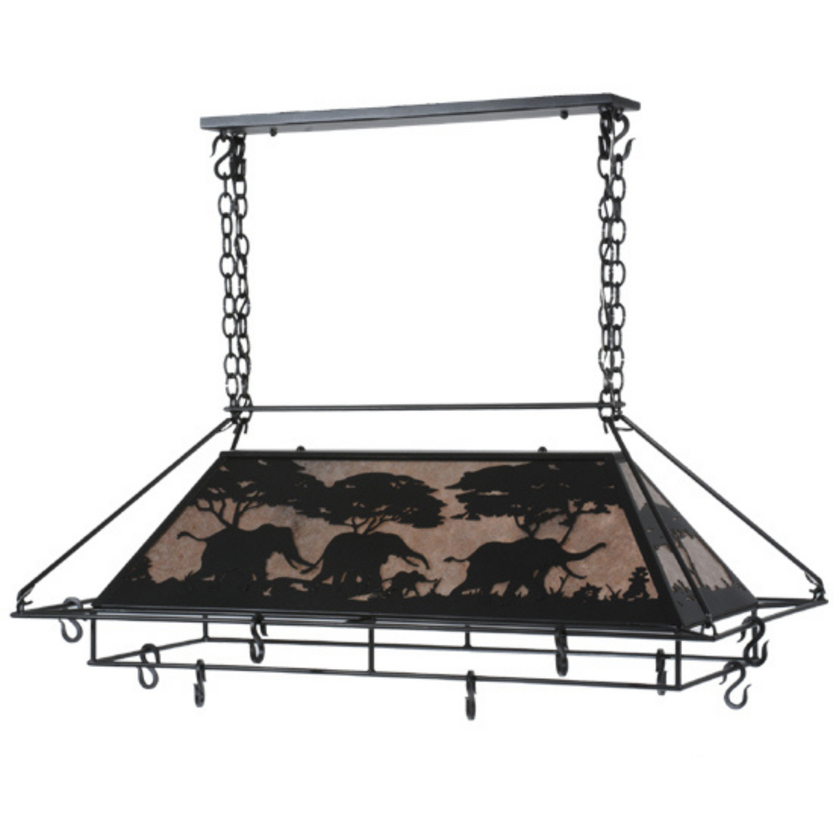 Right perspective view elephant pot rack chandelier glowing softly.