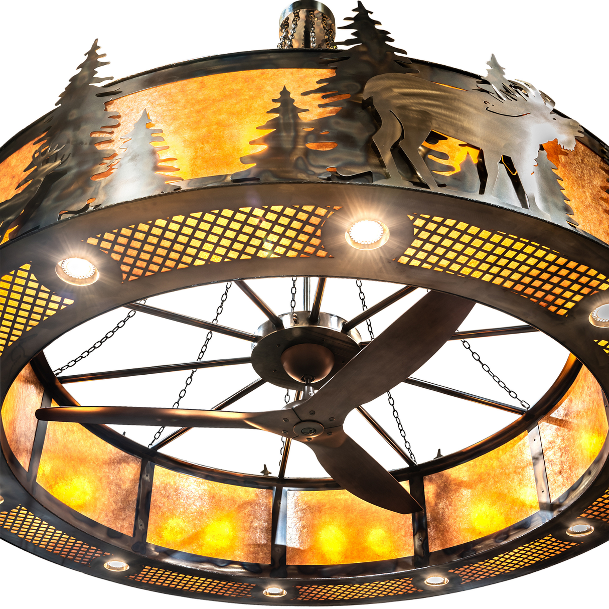 Bottom view of Roosevelt Big Ass Chandel-Air showing fan and glowing downlights.