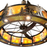 Bottom view of Roosevelt Big Ass Chandel-Air showing fan and glowing downlights.