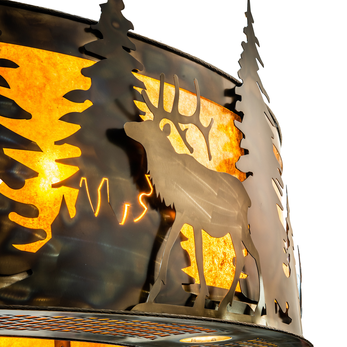 Close-up of moose metal art and mica panels on Roosevelt Big Ass Chandel-Air.
