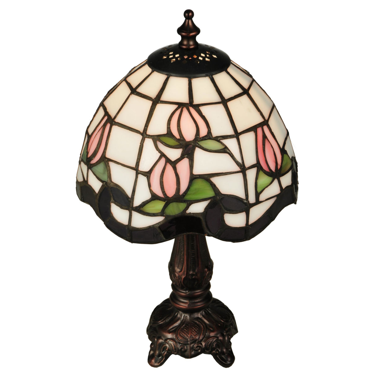 Close-up of the top portion of the Roseborder Mini Lamp stained glass shade.