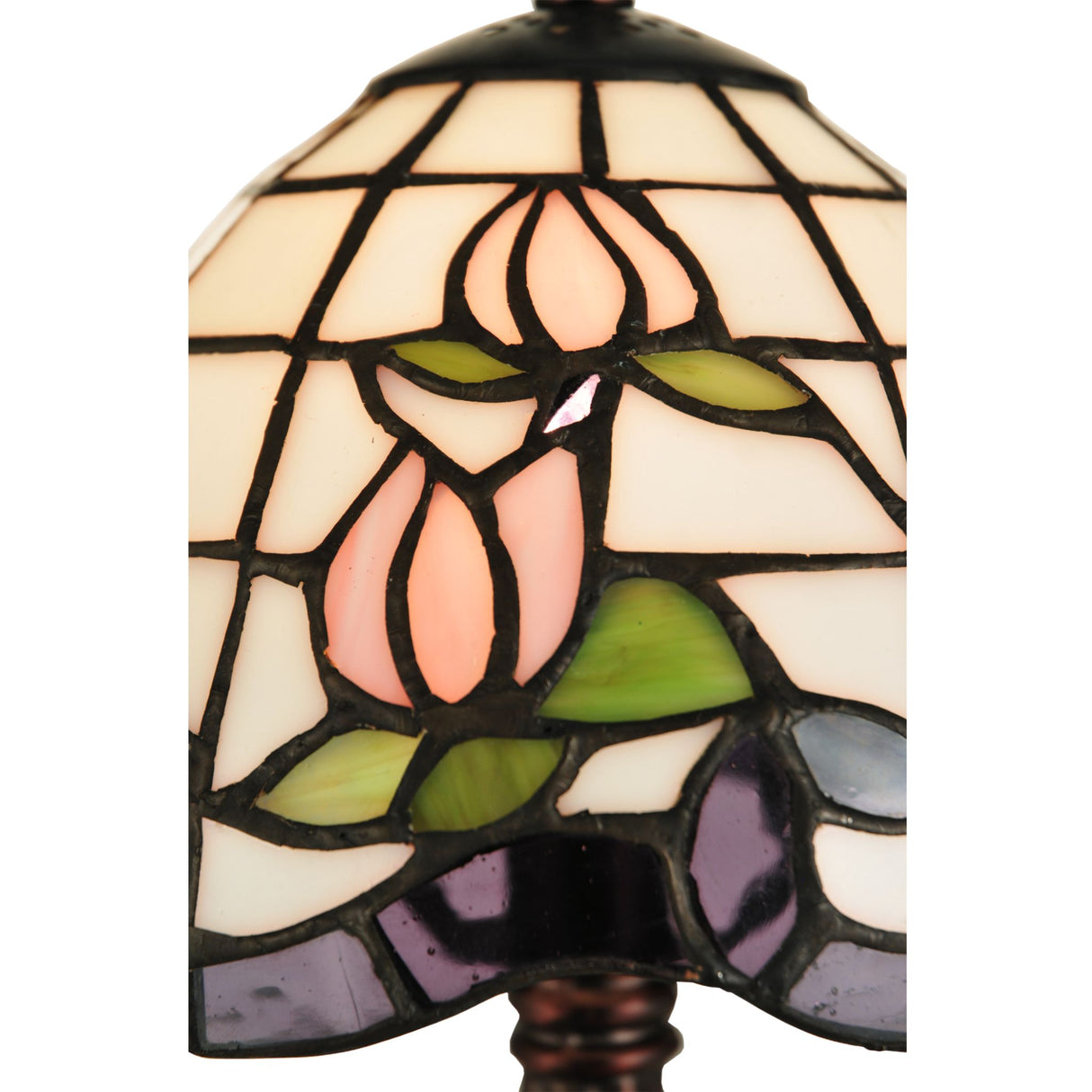 Close-up of the intricate stained glass details on the Roseborder Mini Lamp shade.