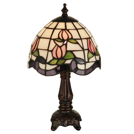 Full view of the Roseborder Mini Lamp with stained glass shade.
