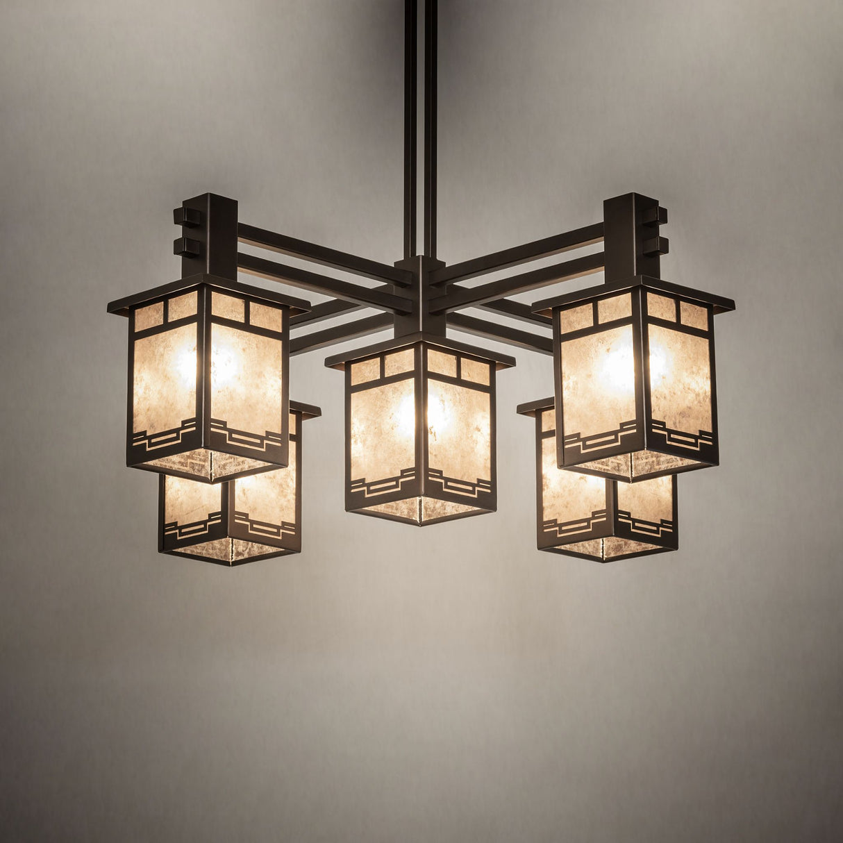 Roylance chandelier casting soft ambient light in a warm interior setting.