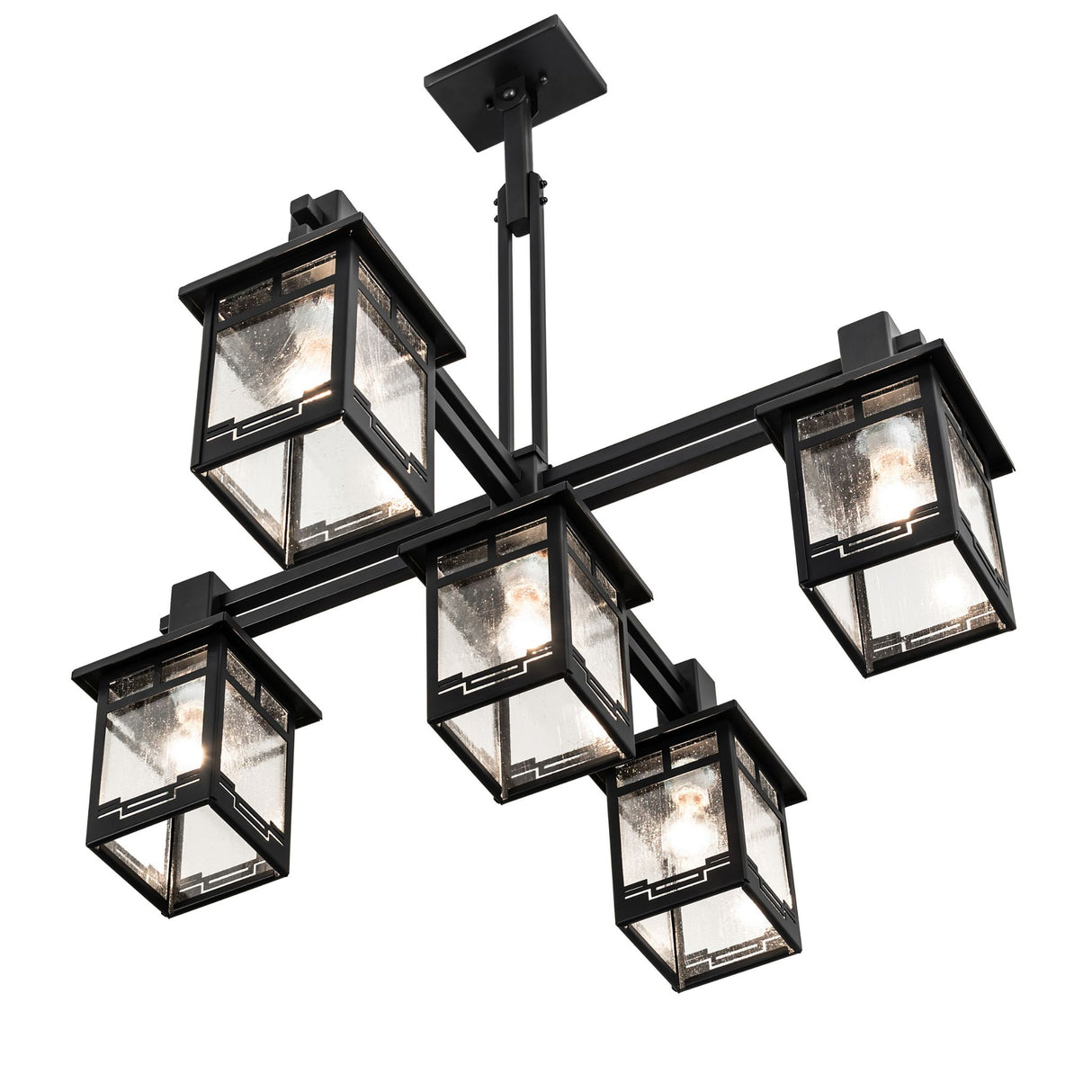 Bottom angled view of Roylance five light chandelier highlighting lantern construction.