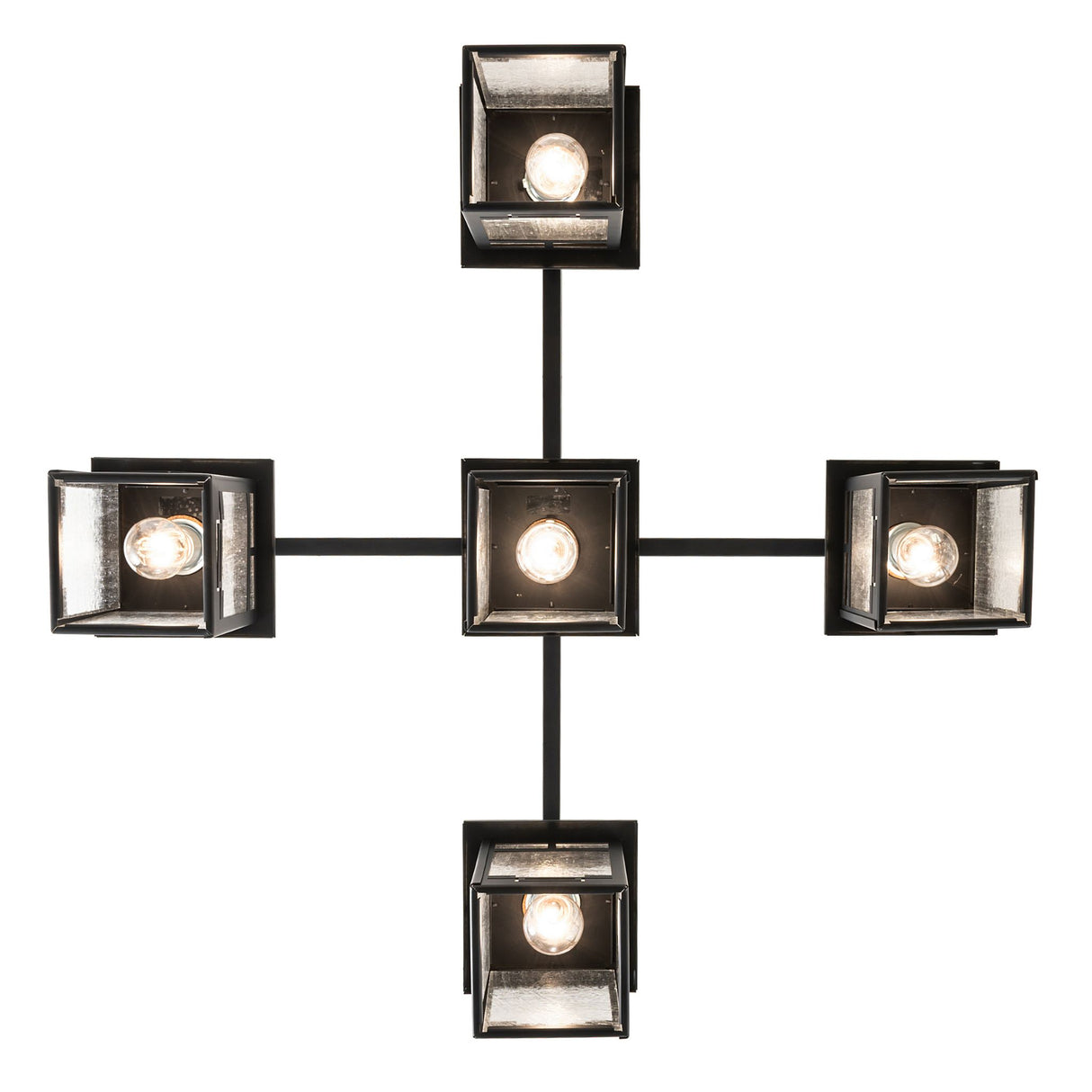 Direct bottom view of Roylance five light mission chandelier with glass lanterns.