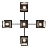 Direct bottom view of Roylance five light mission chandelier with glass lanterns.