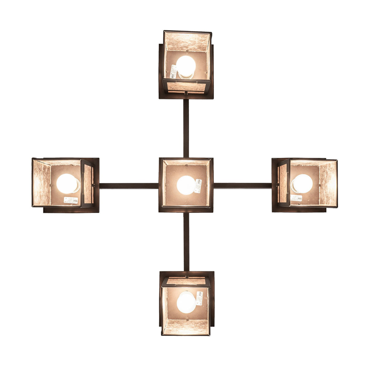 Bottom view of chandelier showing open lantern bases and bulb placement.