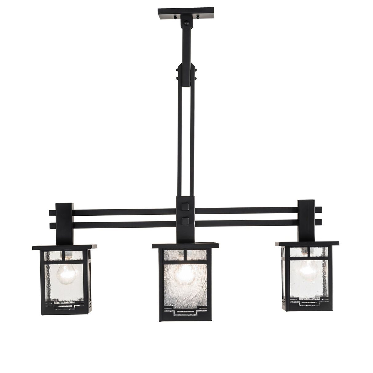 Front angled view of Roylance five light mission chandelier in solar black finish.
