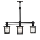 Front angled view of Roylance five light mission chandelier in solar black finish.