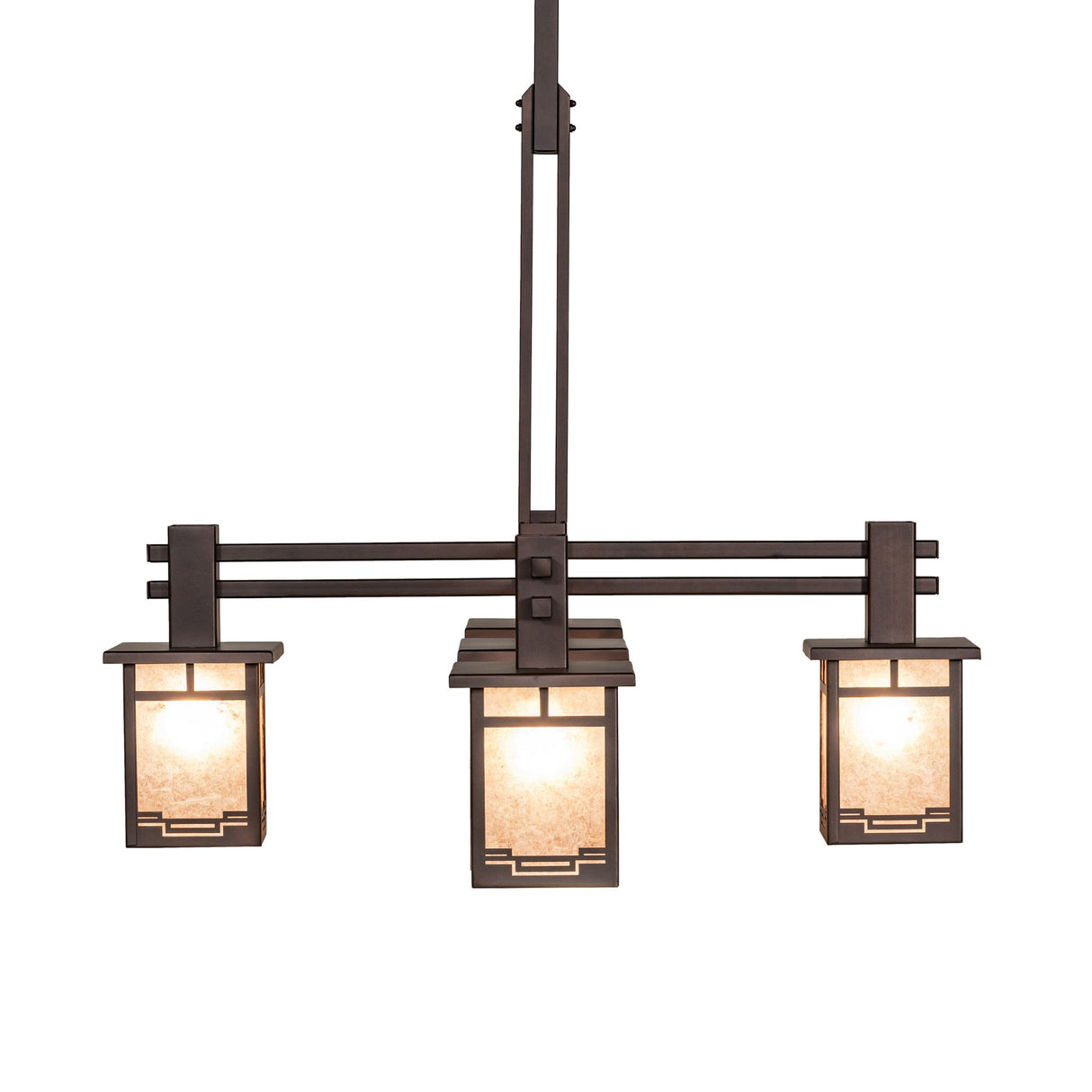 Side view of five light chandelier showing staggered lantern placement.