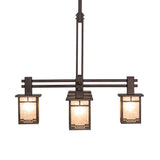 Side view of five light chandelier showing staggered lantern placement.