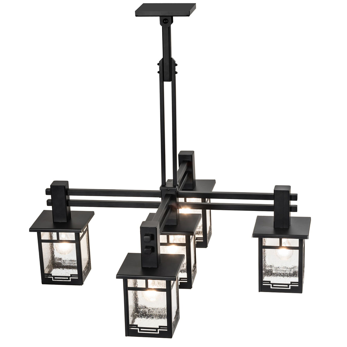 Top angled view of Roylance five light chandelier showing mission style frame.