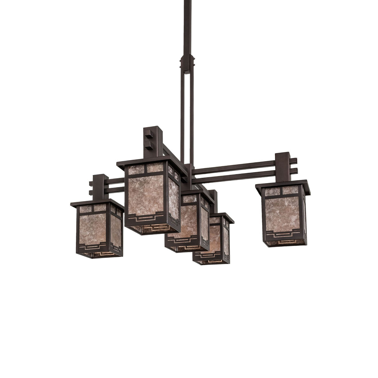Unlit view of five light chandelier with rectangular lantern shades.