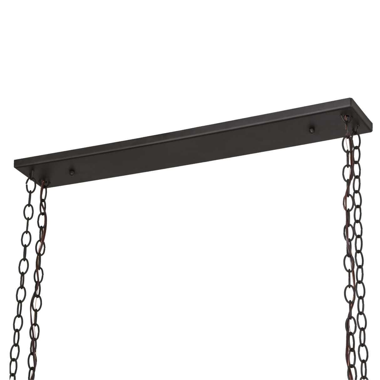 Close-up of ceiling canopy and chains for Running Horses pot rack.