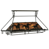 Front angled view of Running Horses pot rack chandelier lit.