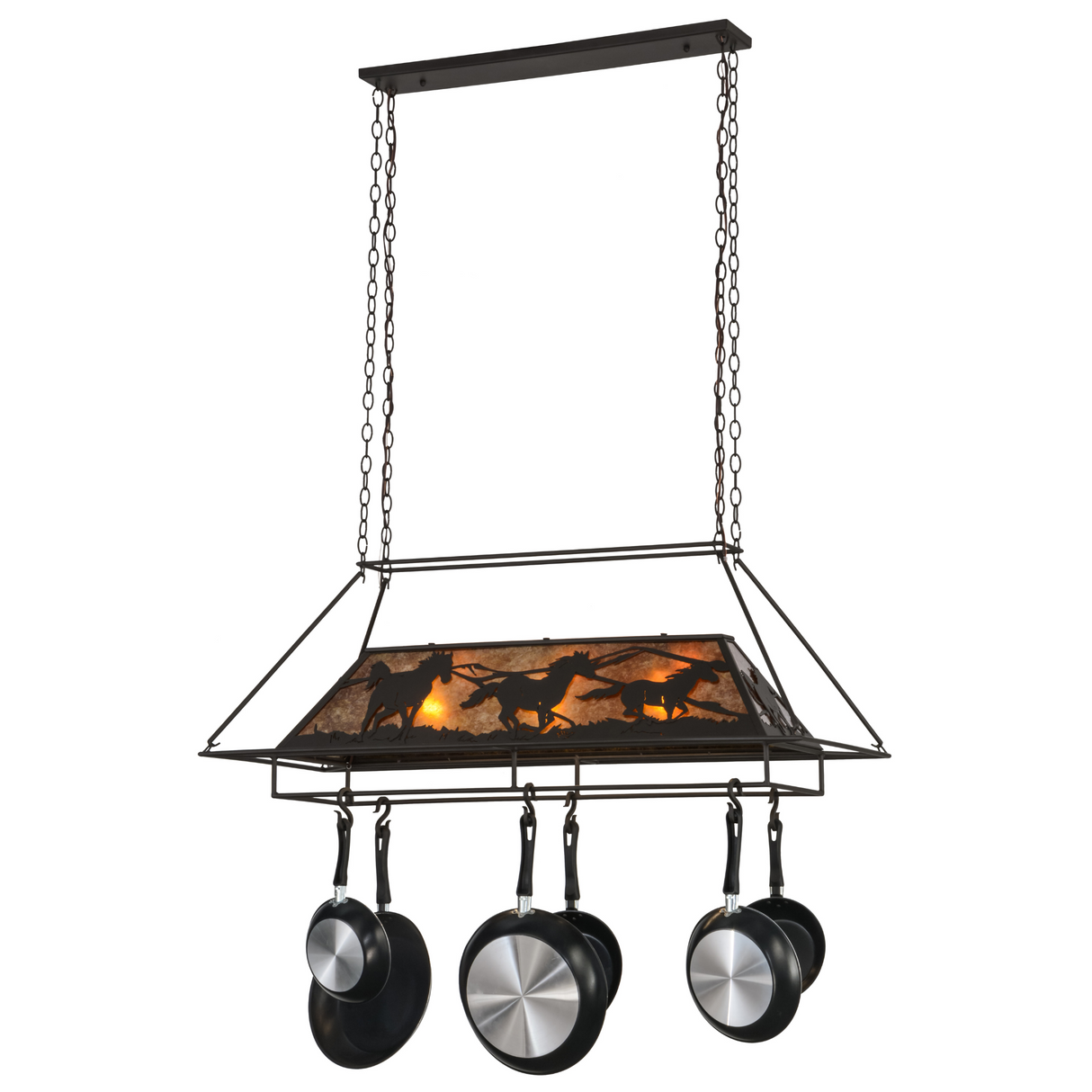 Full-length view of Running Horses pot rack chandelier lit.