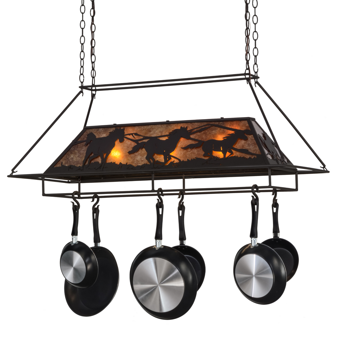 Running Horses pot rack chandelier lit, angled view.