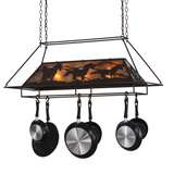 Running Horses pot rack chandelier lit, angled view.
