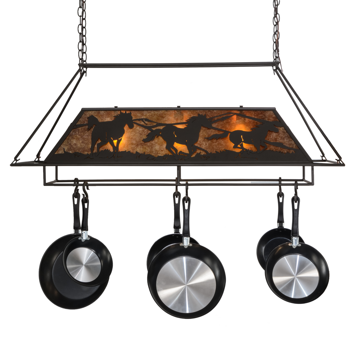 Front view of Running Horses pot rack chandelier lit.