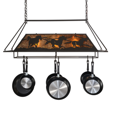 Front view of Running Horses pot rack chandelier lit.