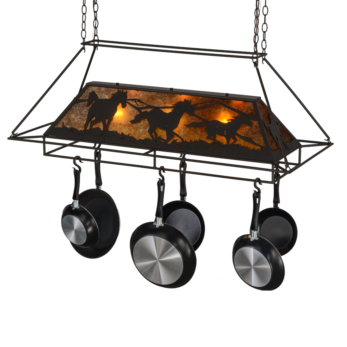 Running Horses lighted pot rack side view glowing.