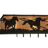 Close-up of galloping horse panel design on pot rack.