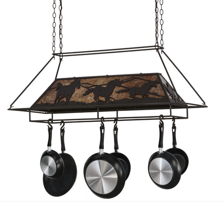 Running Horses pot rack chandelier unlit, angled view.