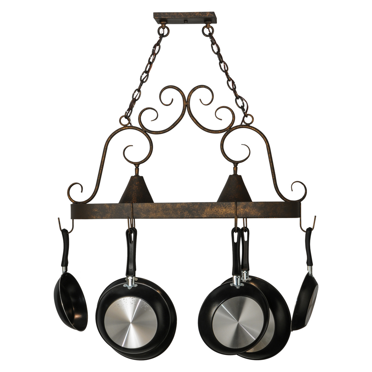 Decorative scroll accents on Elana pot rack close-up.